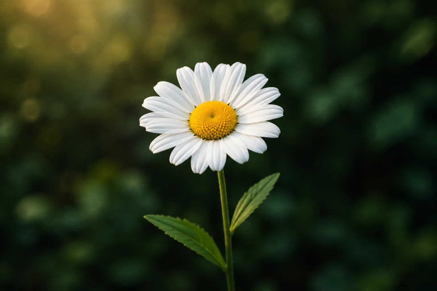 A small white daisy with a golden yellow center, lit by soft morning light against a blurred green garden.